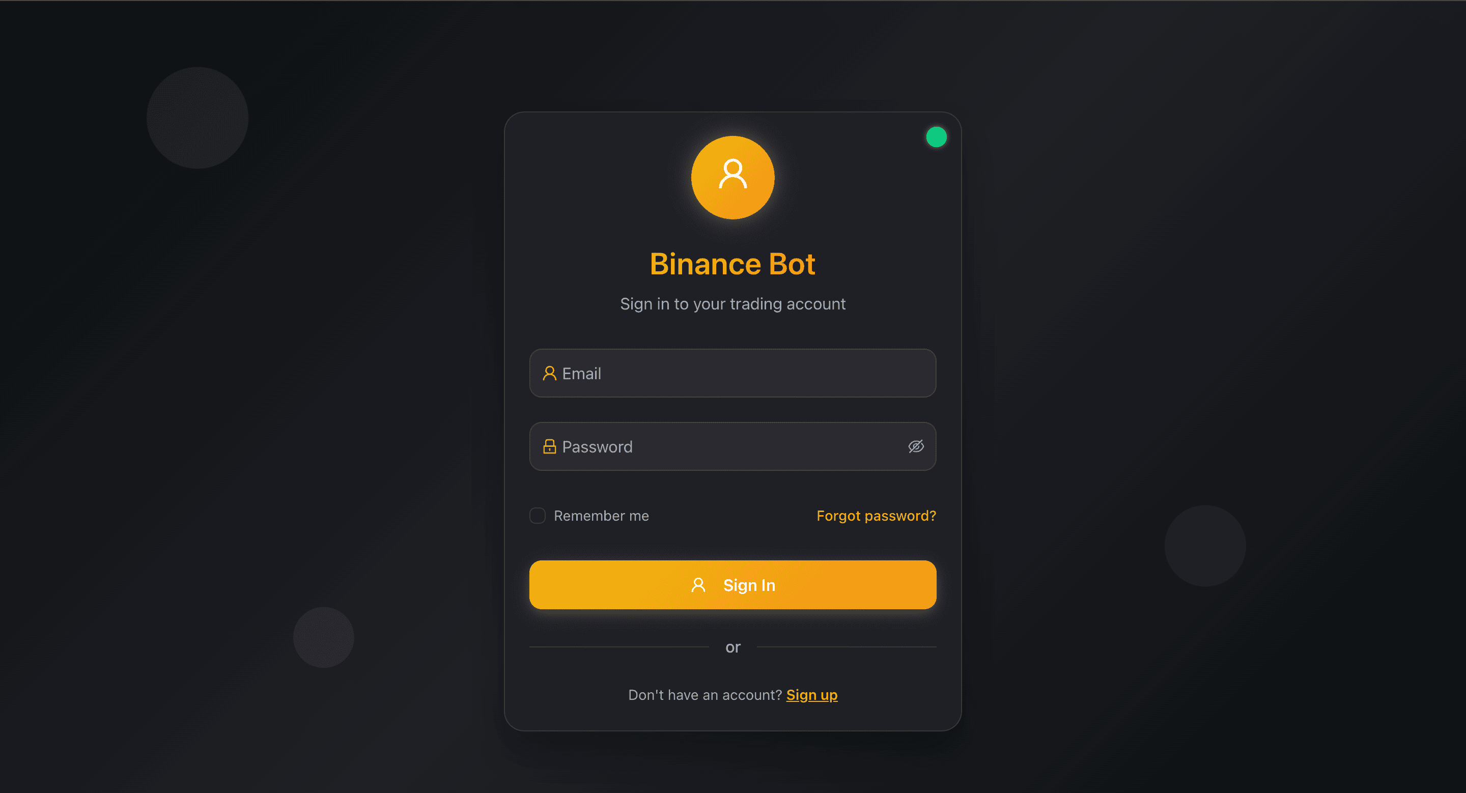 Cryptocurrency trading bot dashboard showing live market analytics and AI-powered trade signals