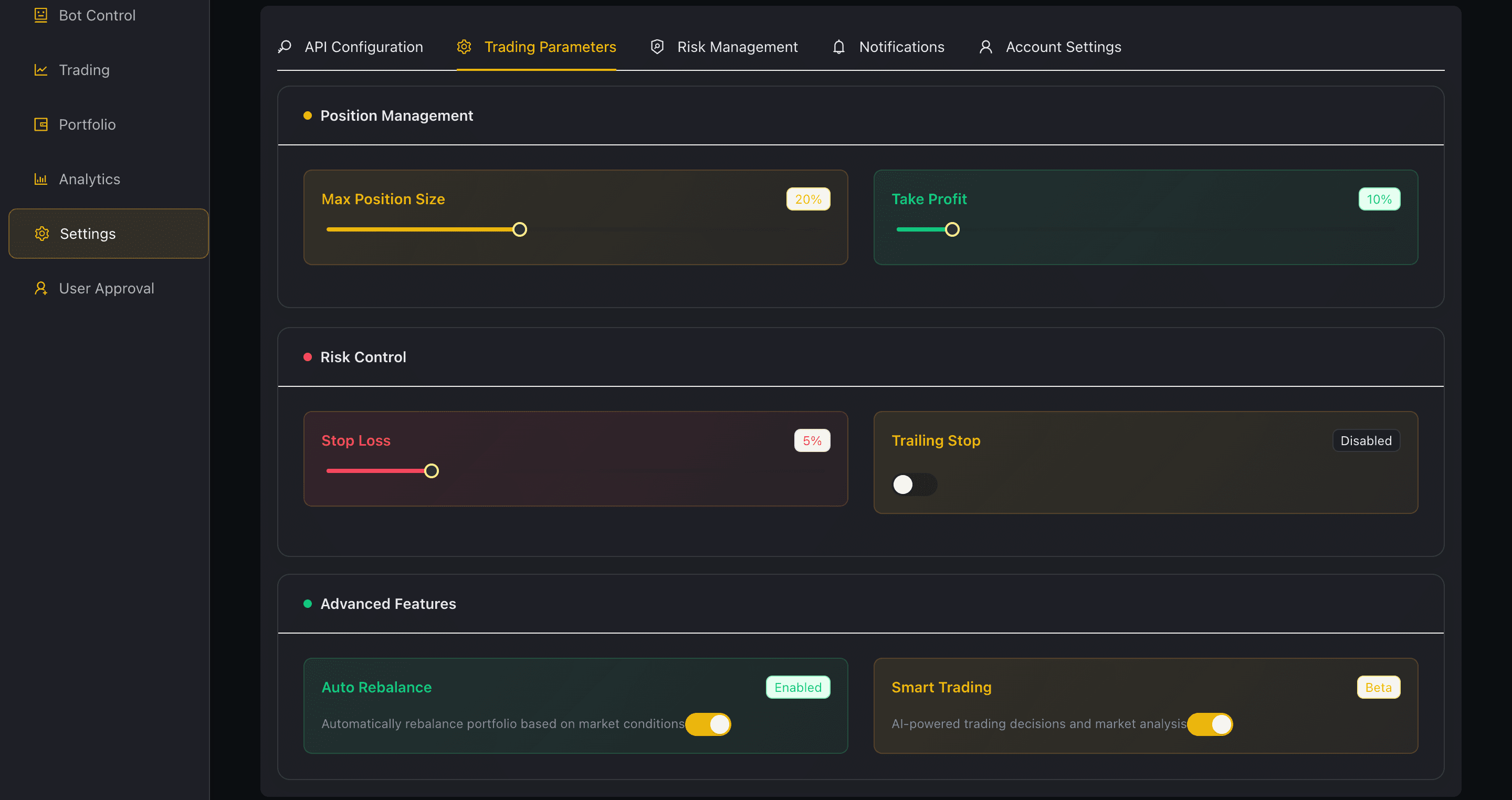 Cryptocurrency trading bot dashboard showing live market analytics and AI-powered trade signals