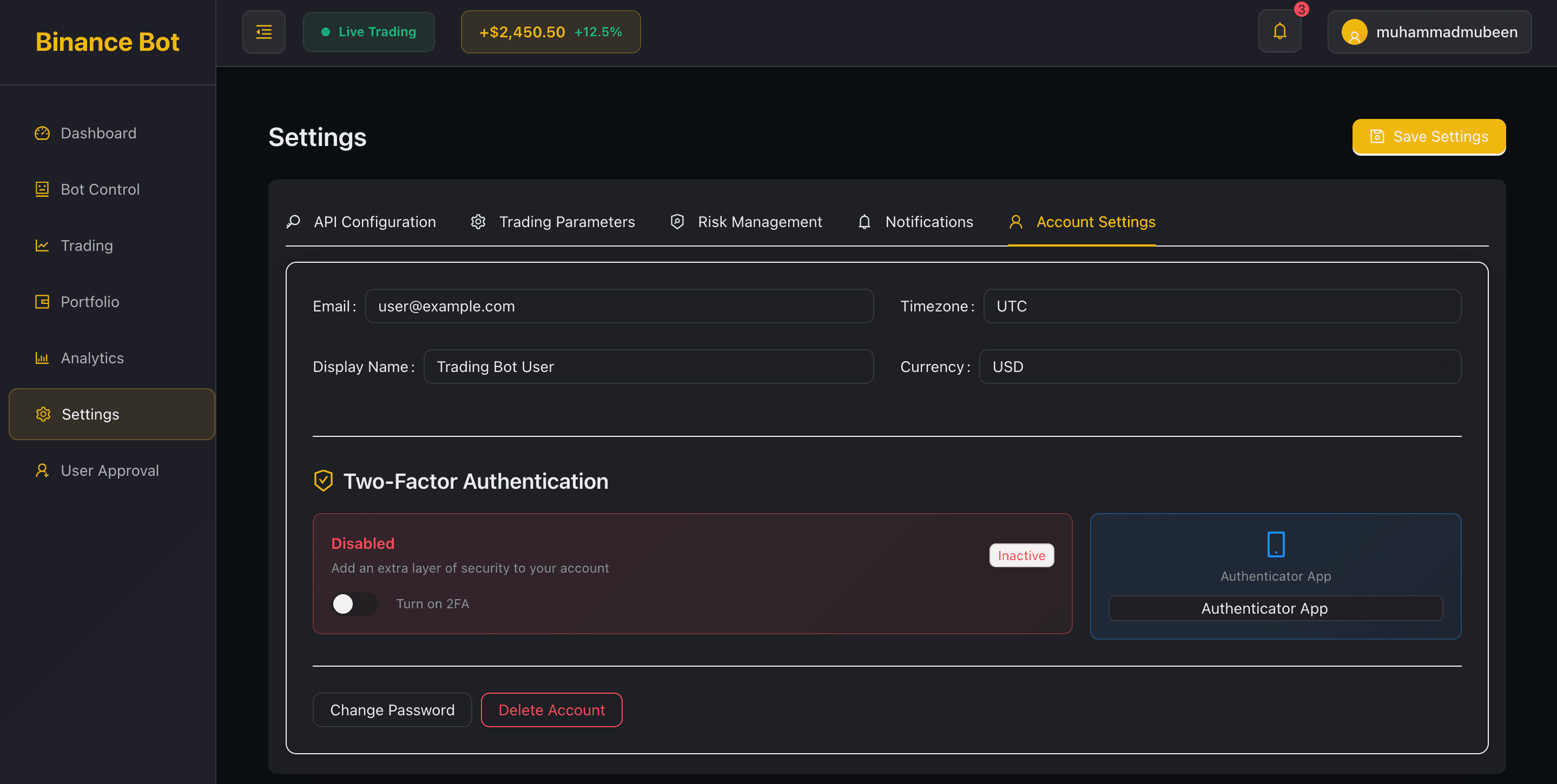 Cryptocurrency trading bot dashboard showing live market analytics and AI-powered trade signals